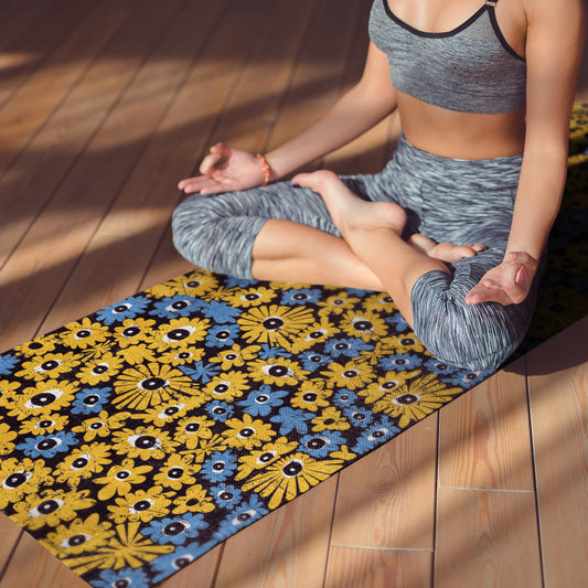 Blue and Yellow Yoga Mat and Picnic Mat by United Day Dreamers Inc