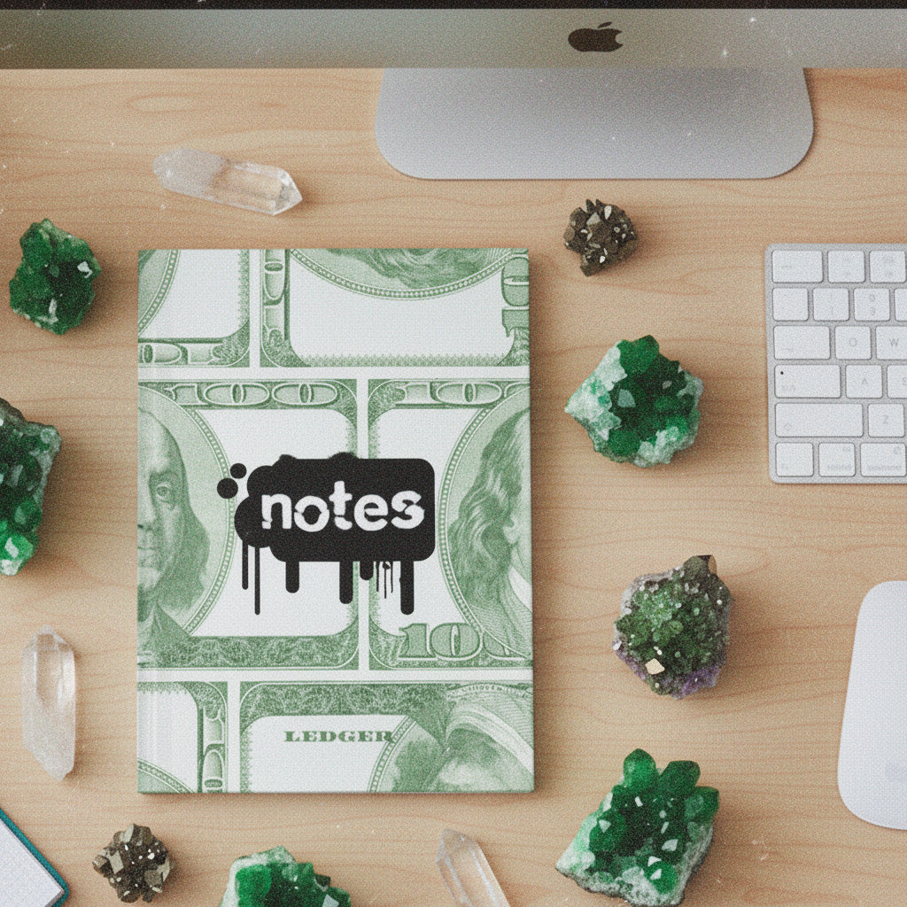Notebook with money-themed cover on a desk with crystals and a computer.