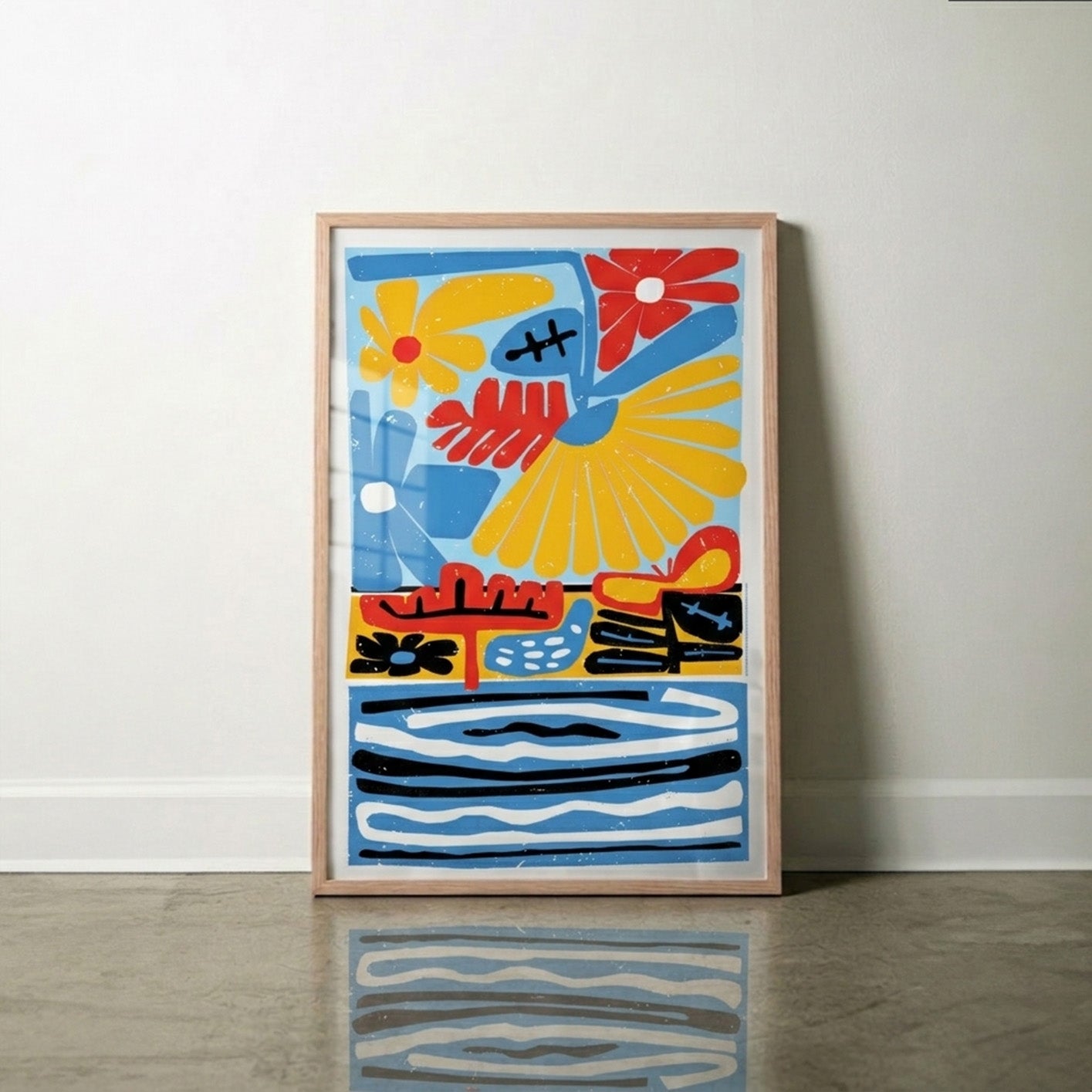 Framed abstract artwork of flowers and waves with colorful elements on a white wall.