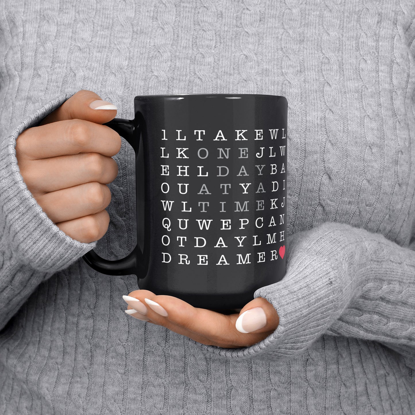 One Day A Time 15oz Word Puzzle Tea Coffee Mug in Black