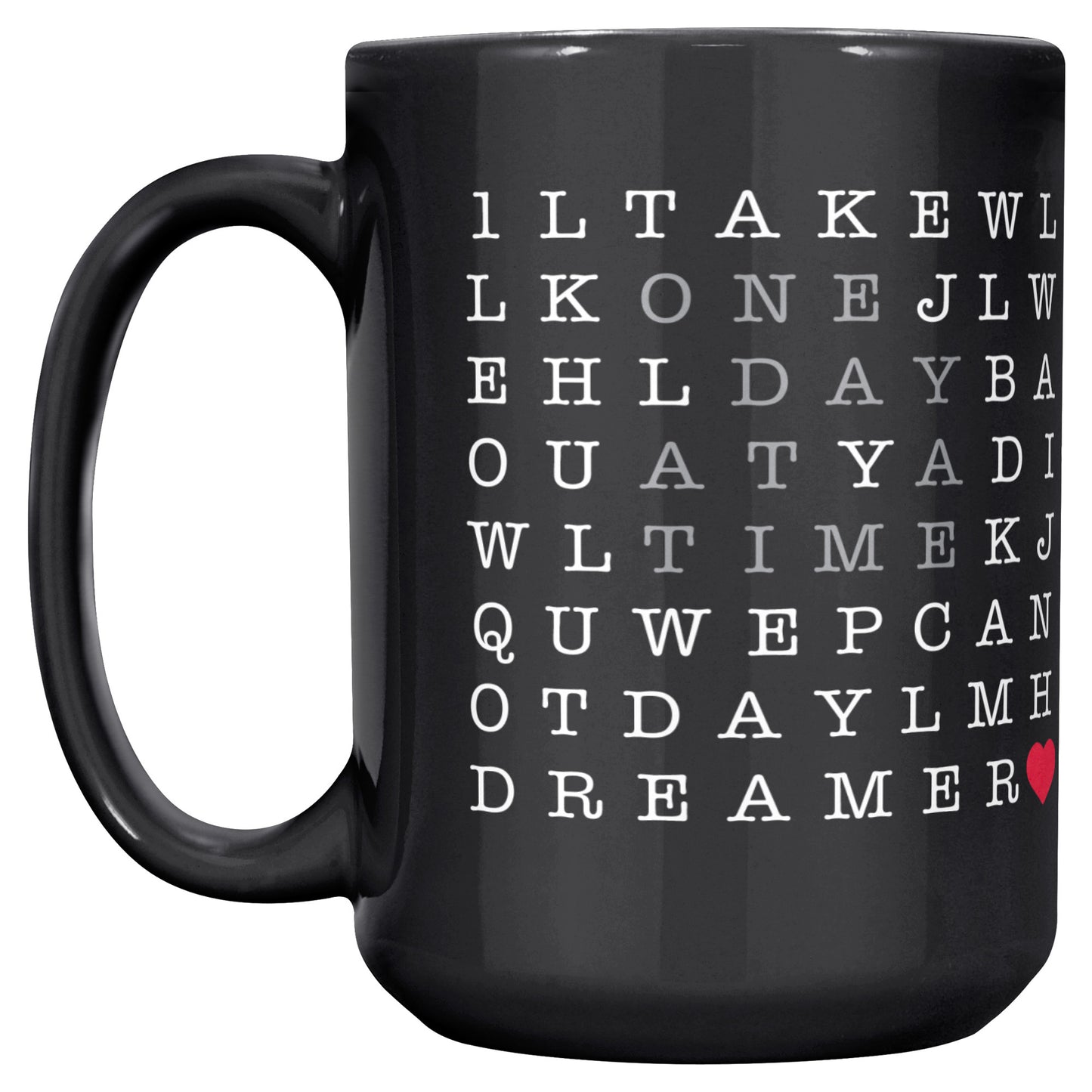 One Day A Time 15oz Word Puzzle Tea Coffee Mug in Black