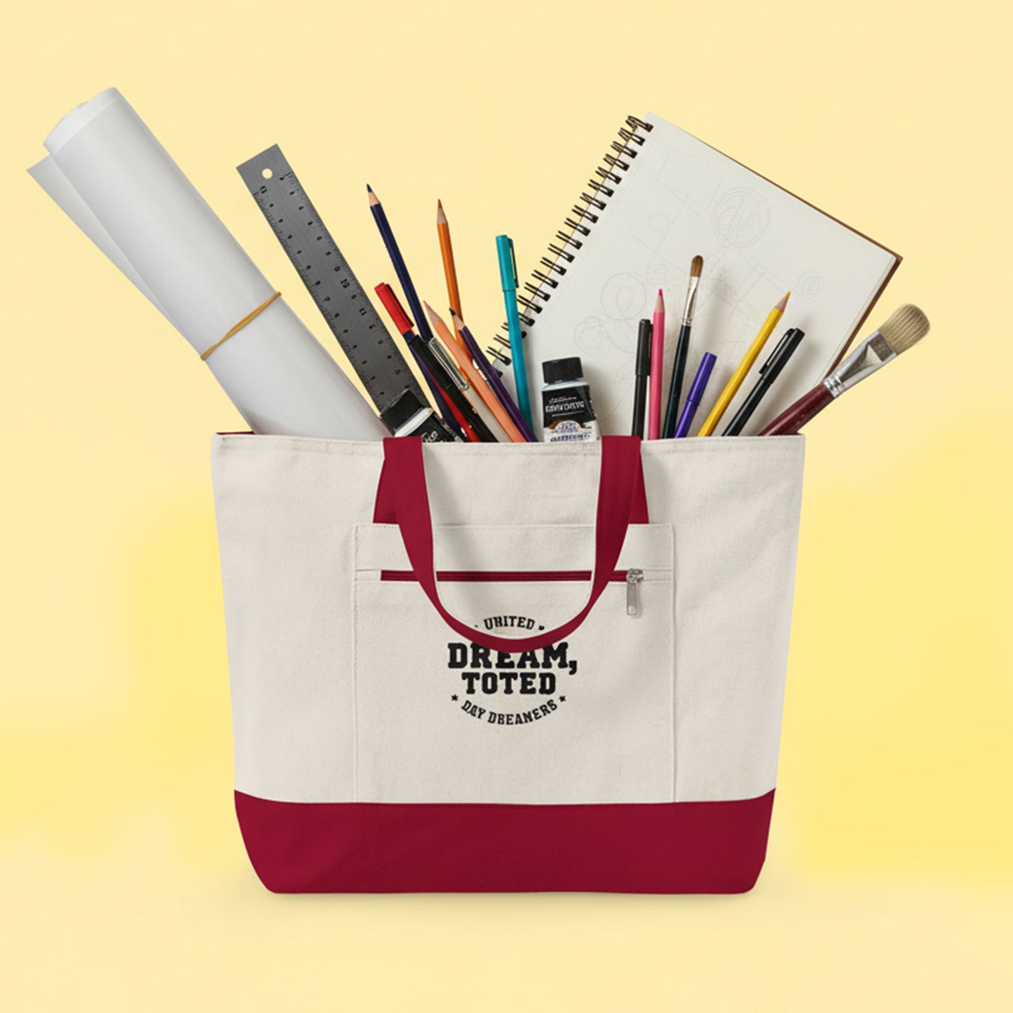Tote bag with stationery items on a yellow background
