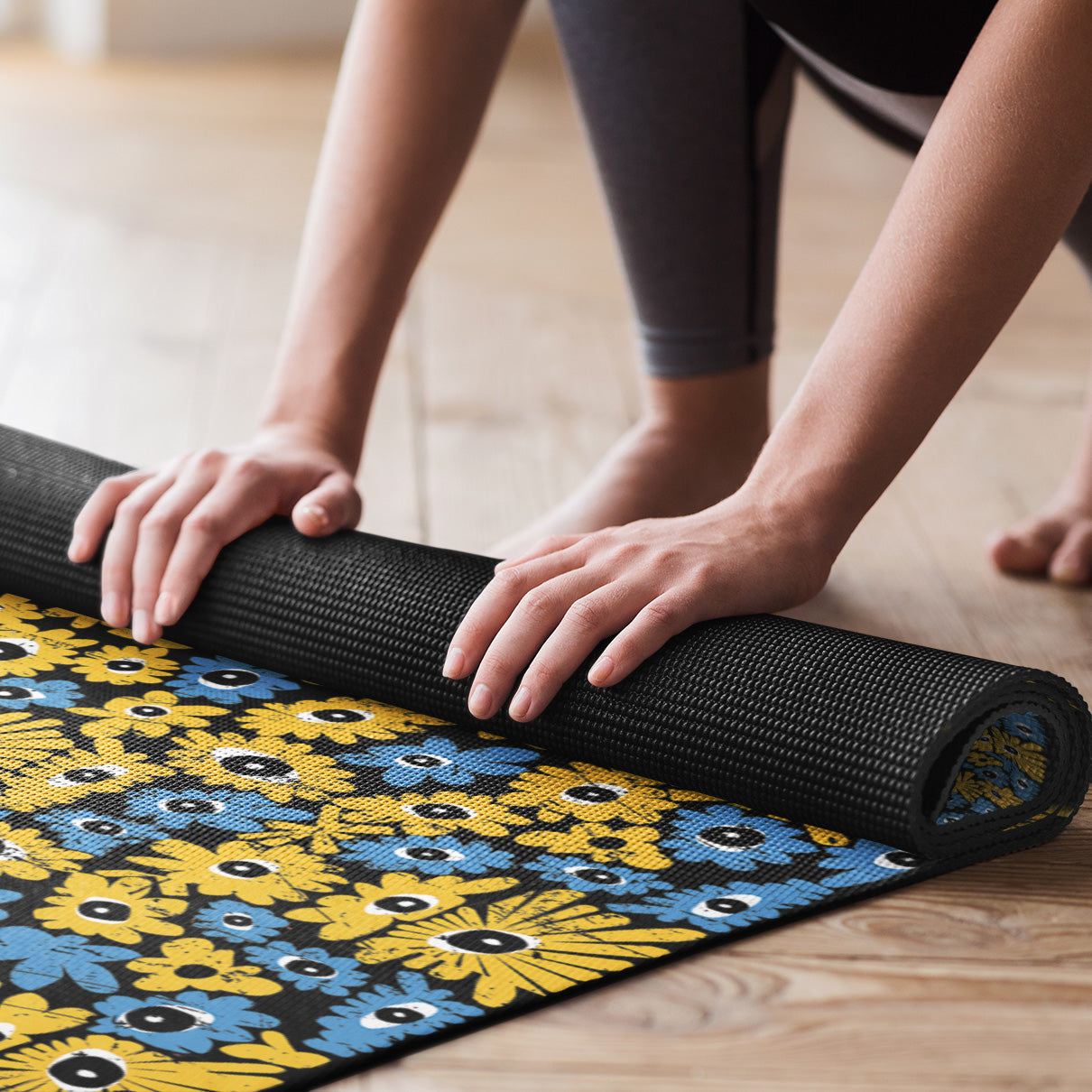 Blue and Yellow Yoga Mat and Picnic Mat by United Day Dreamers Inc